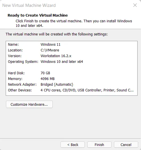 Ready to create virtual machine