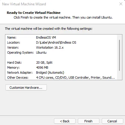 Ready to create virtual machine