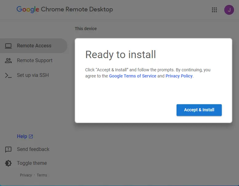 Ready to install Chrome remote desktop