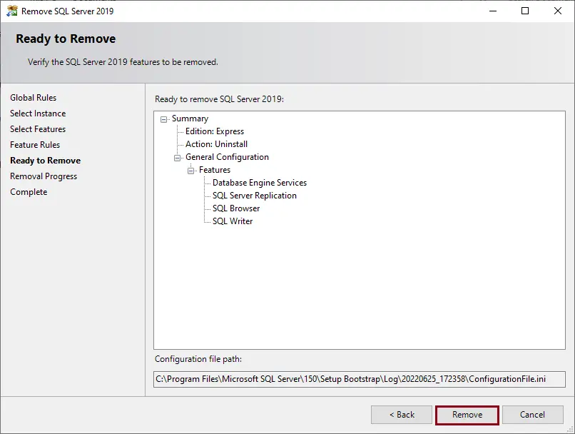 Ready to remove SQL server features