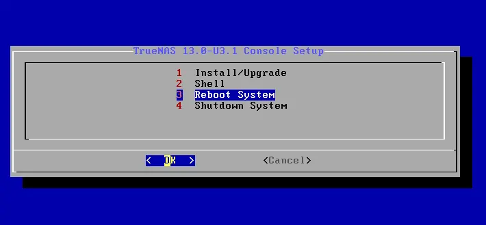Reboot system truenas console setup