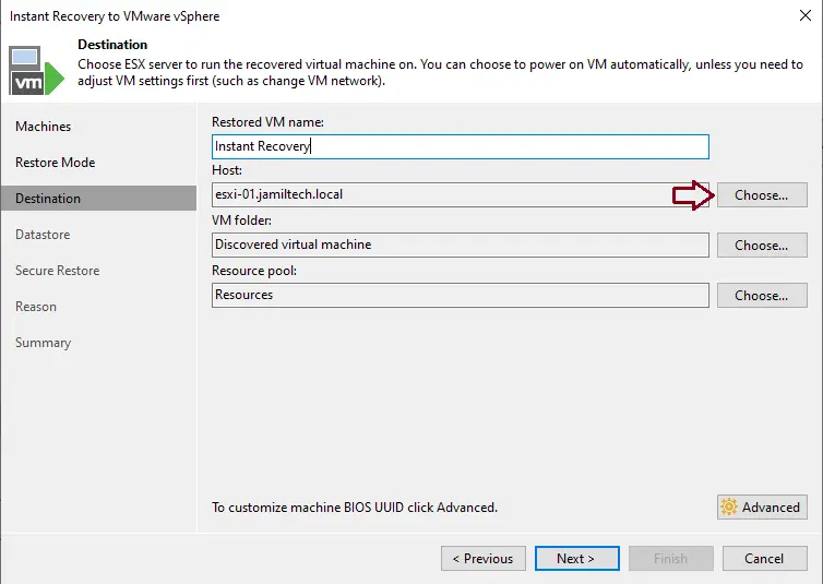 Recovery instant VM recovery name