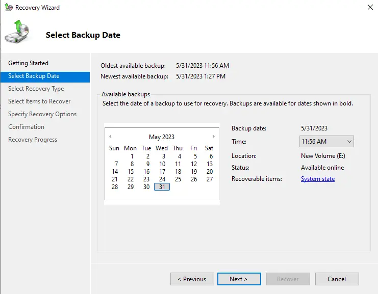 Recovery wizard select backup date