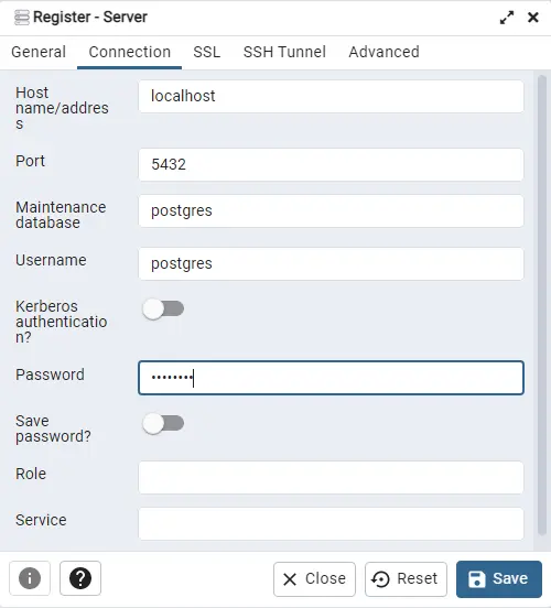 Register server PostgreSQL