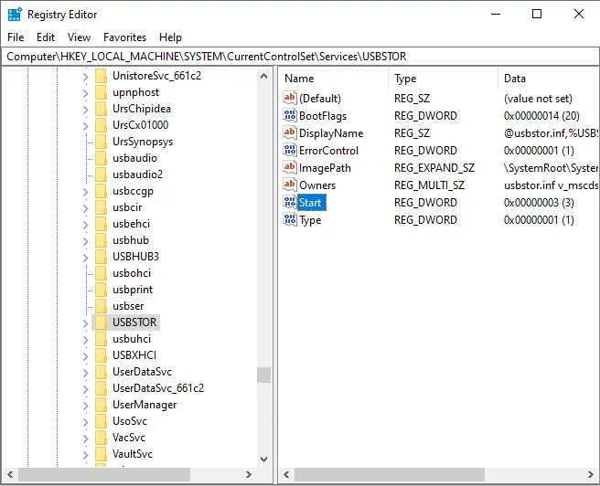 Registry editor USBSTOR