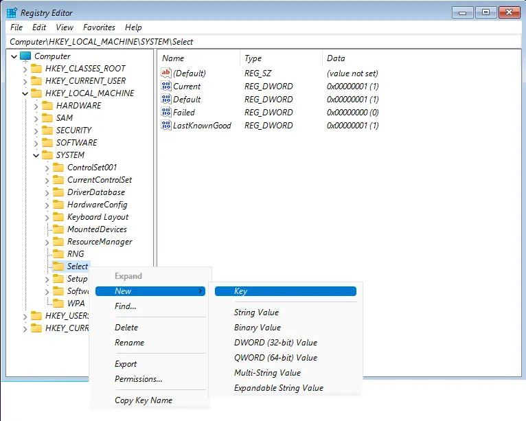 Registry editor add new key