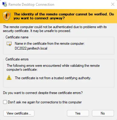 Remote desktop connection certificate