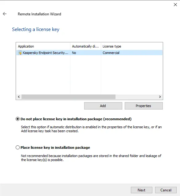 Remote installation select a license Kaspersky