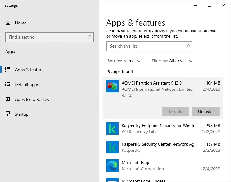 Remove AOMEI partition apps and features