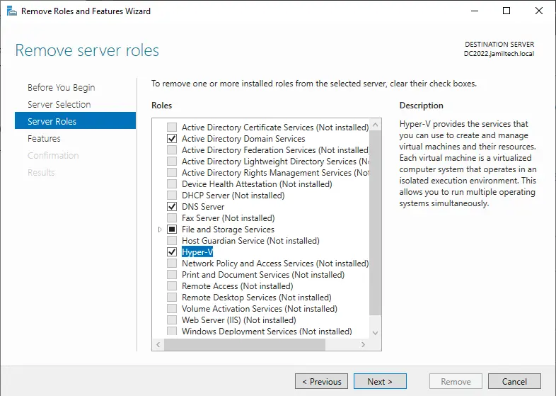 Remove Hyper-V server roles