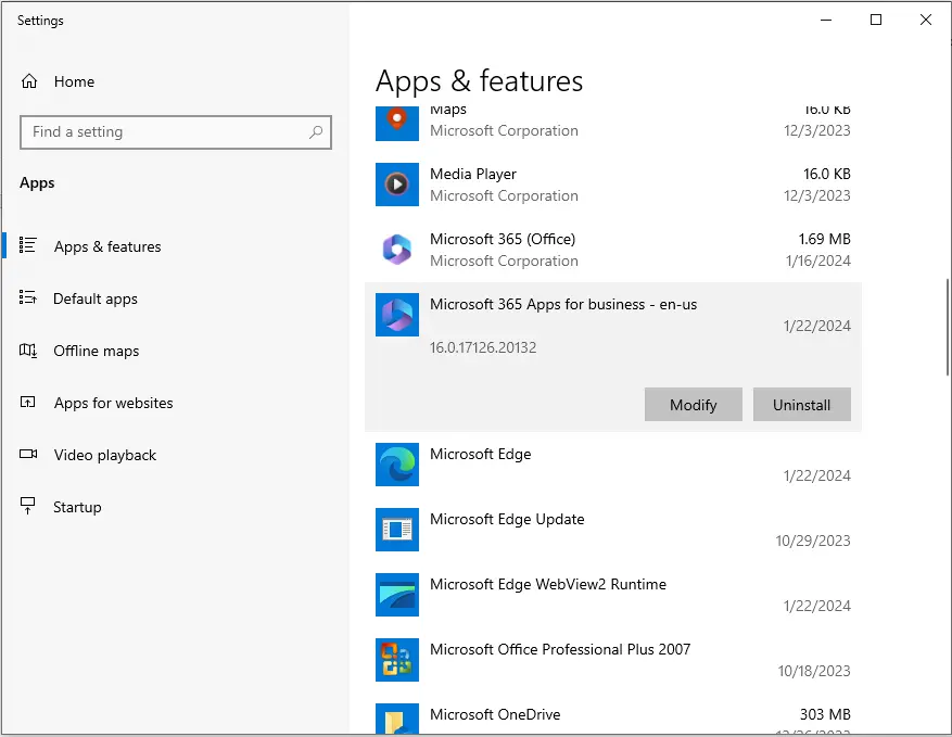 Remove Microsoft 365 apps