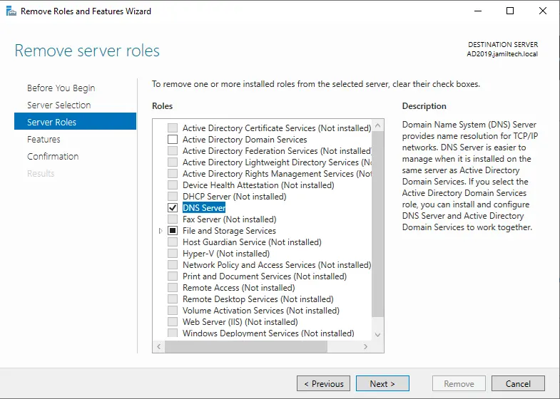 Remove Server roles DNS Server