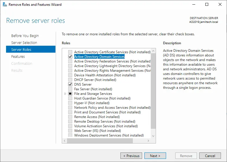 Remove Server roles active directory