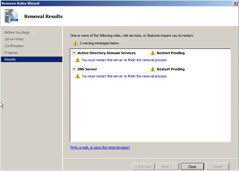 Remove domain controller removal results