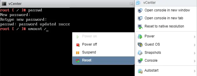 Reset lost root password in VCSA