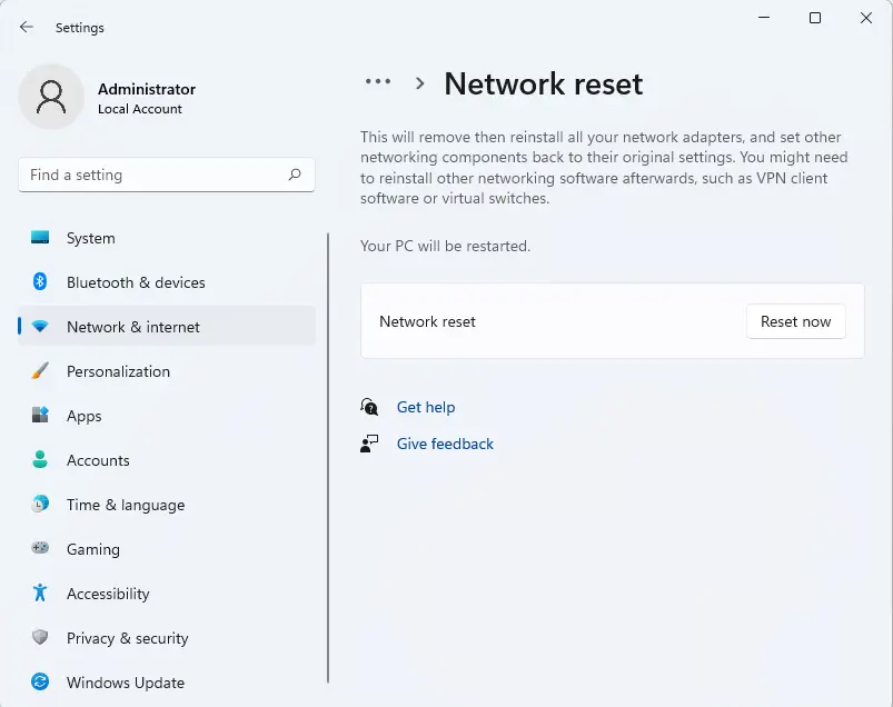 Reset network in Windows