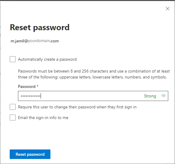 Reset office 365 user account password