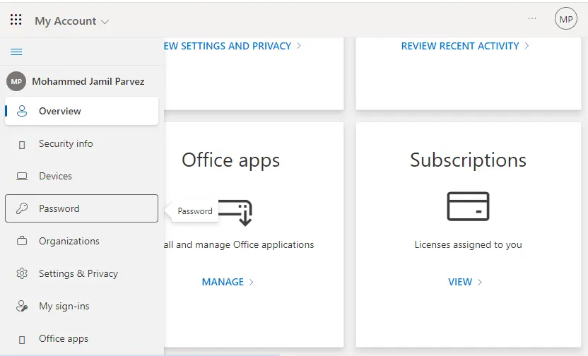 Reset password office 365