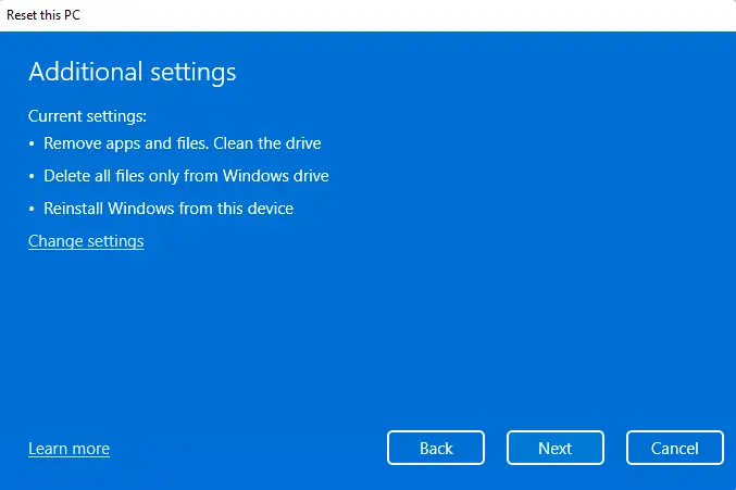 Reset this pc additional settings