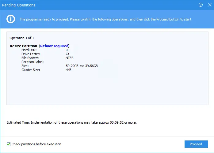 Resize Partition pending operation