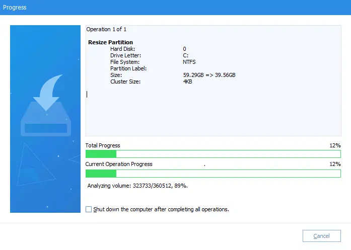 Resize partition progress