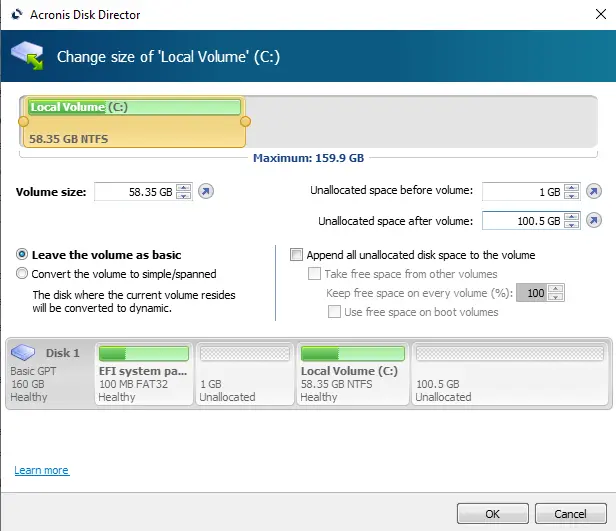 Resize volume in Acronis disk director