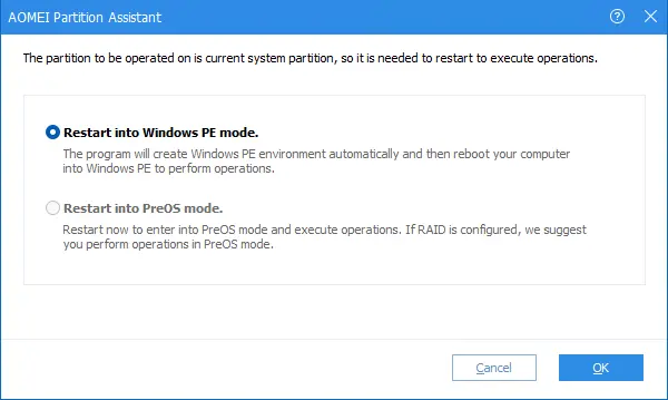 Restart into Windows PE mode