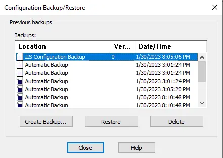 Restore IIS configuration backup