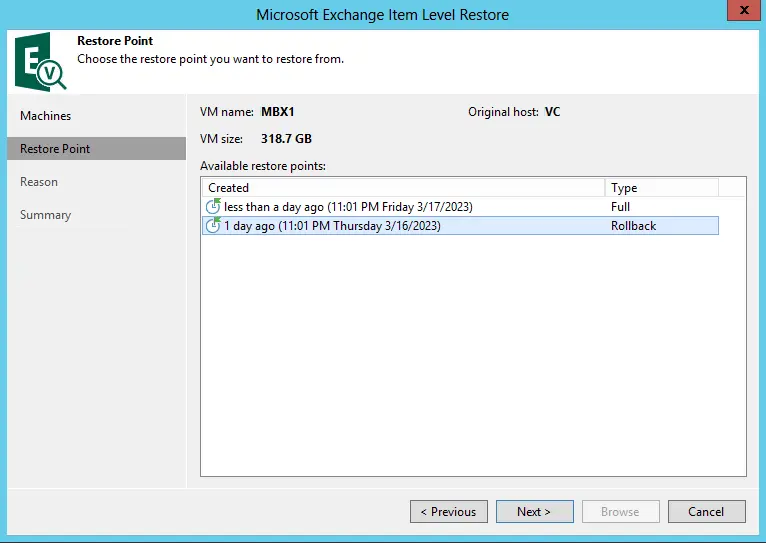 Restore Microsoft exchange items level