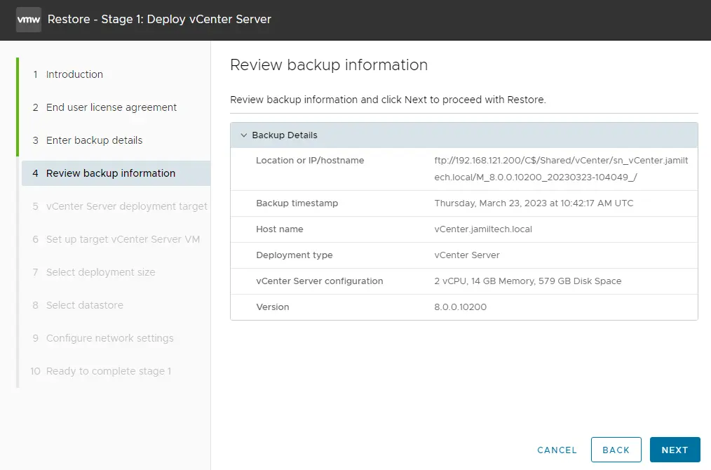 Restore VCSA review backup information