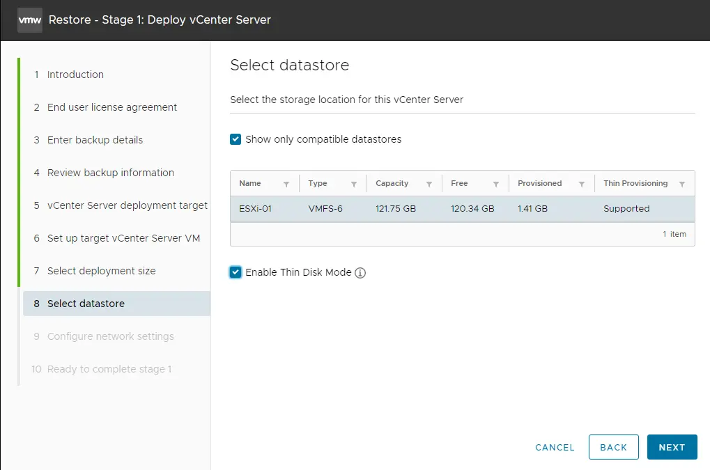 Restore VCSA select datastore