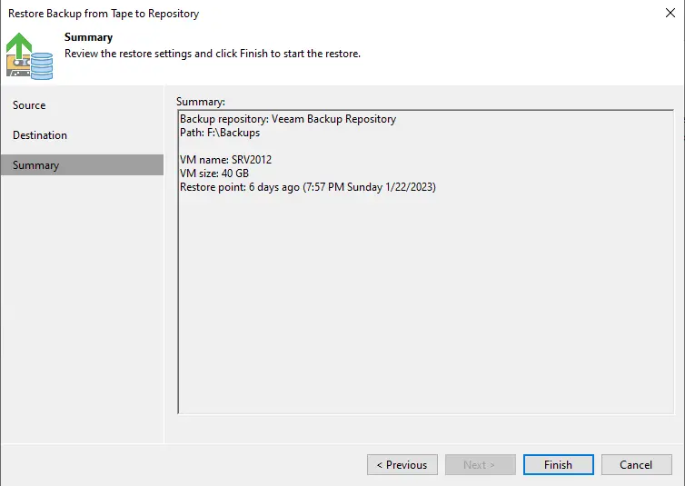 Restore backup from tape to repository summary