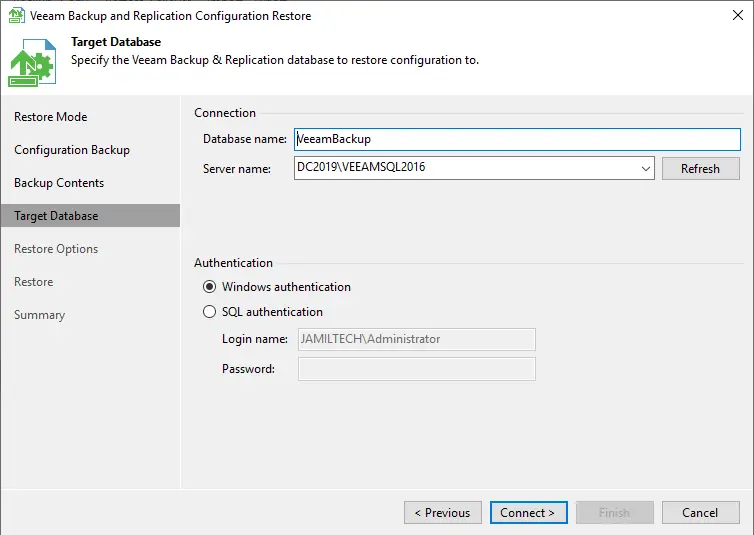 Restore configuration file target database