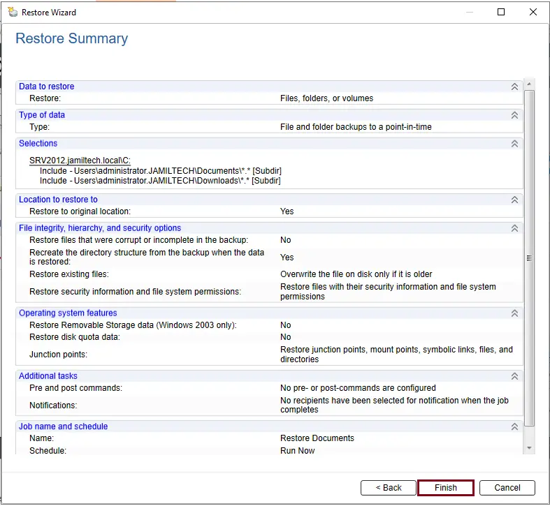 Restore summary backup exec