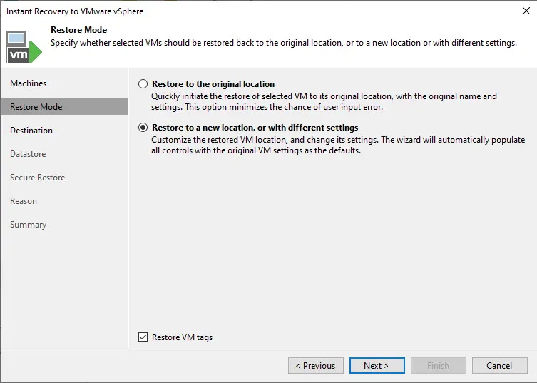 Restore to a new location Veeam