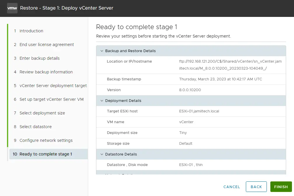 Restore vCenter complete stage 1