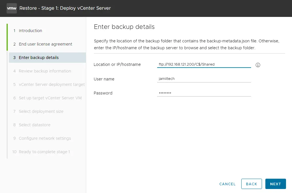 Restore vCenter enter backup details