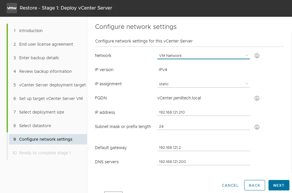 Restore vCenter network settings