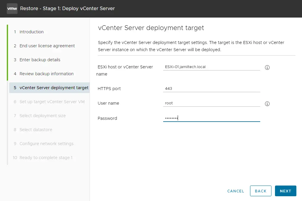 Restore vCenter serer deployment target