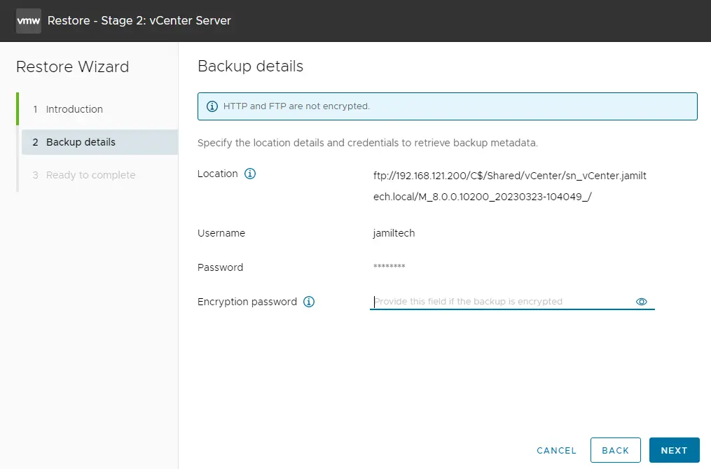 Restore VMware vCenter server backup details