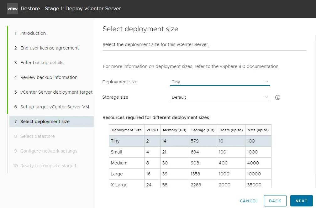 Restore vCenter server deployment size