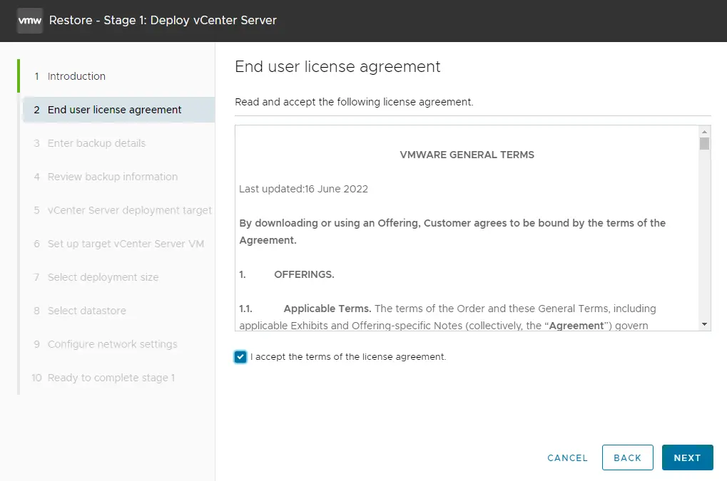 Restore vCenter server end user license