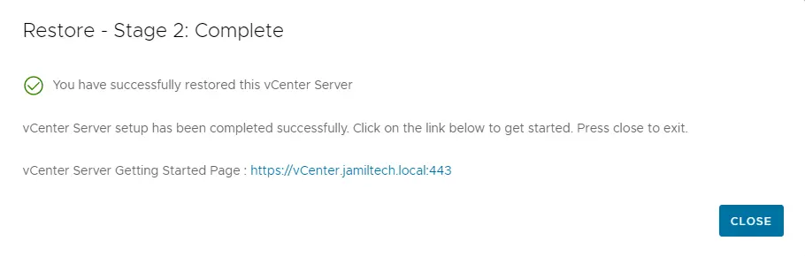 Restore vCenter stage 2 complete