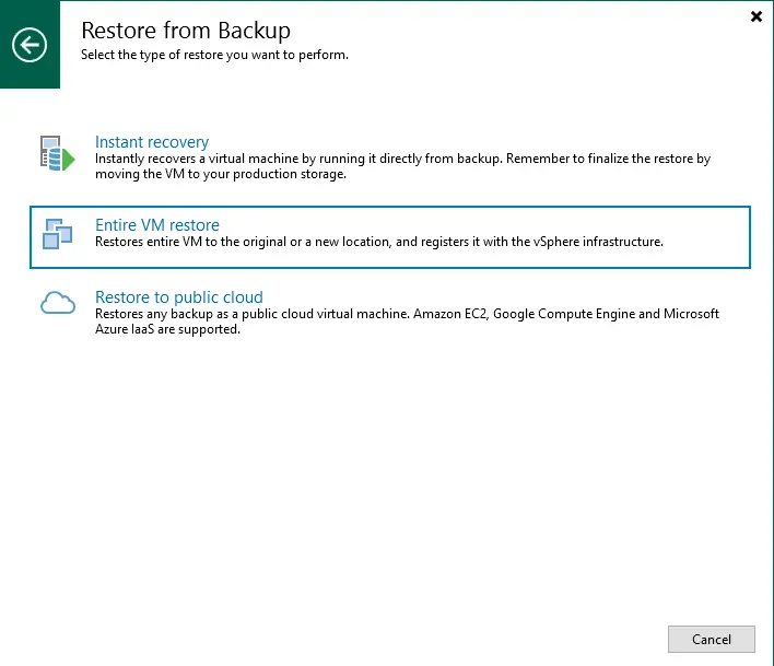 Restore virtual machine in Veeam