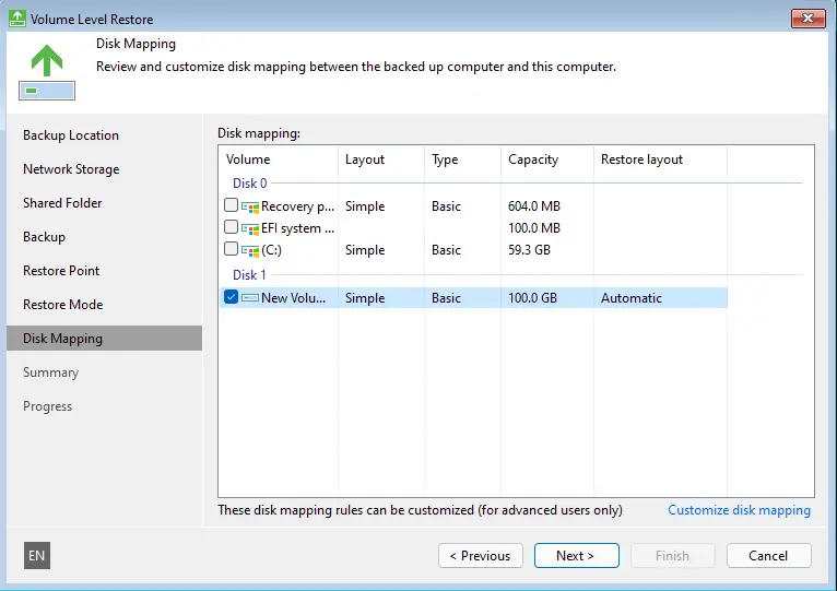 Restore volume Veeam recovery disk mapping
