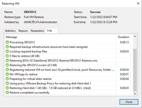 Restoring VM success