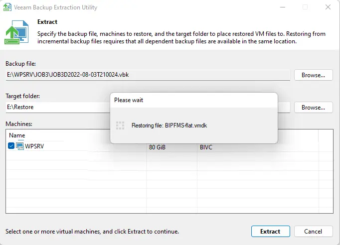 Restoring file Veeam extract utility