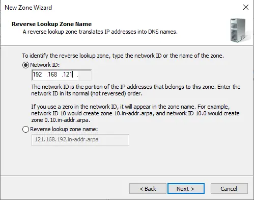 Reverse lookup zone network id