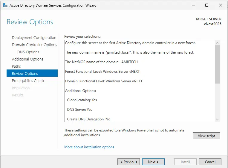 Review Active Directory domain services options