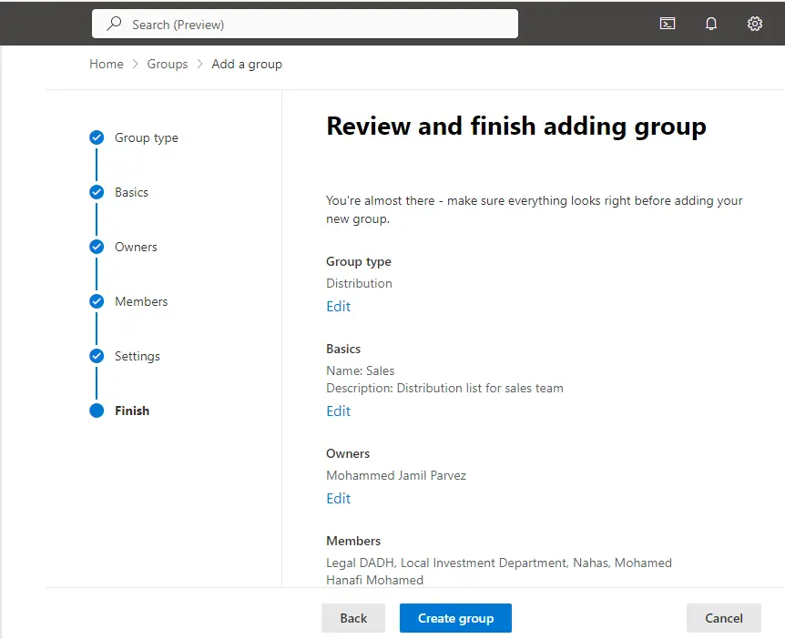 Review and finish adding group